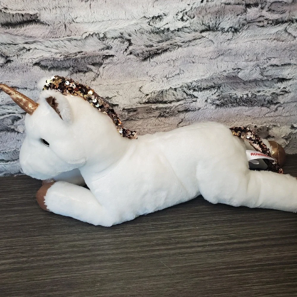 Aurora Shimmers Rose Gold Flippy Sequins White Unicorn Stuffed Animal Plush‎ 12